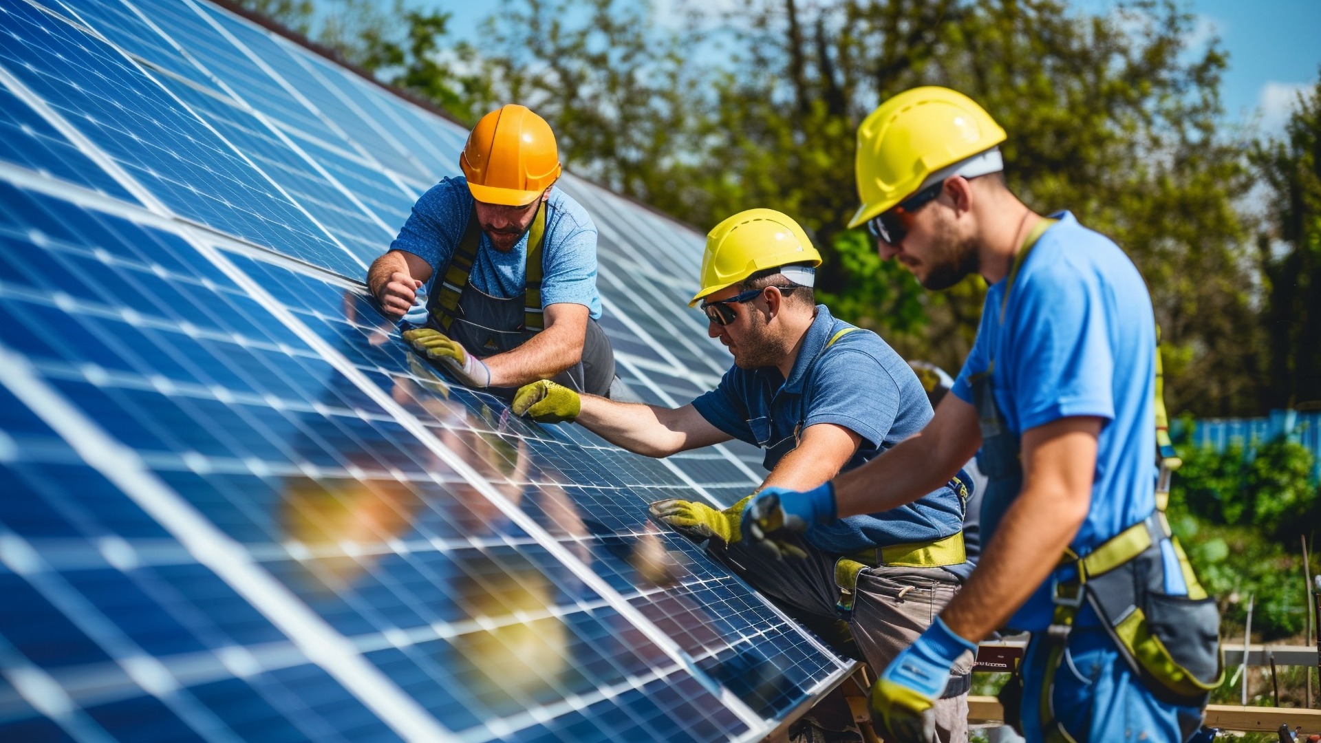 3 Männer mit gelben Helmen installieren eine PV-Anlage