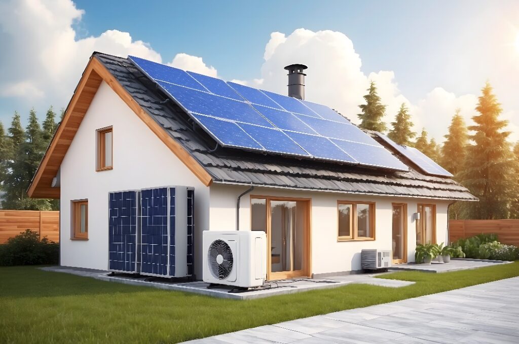 Modernes Haus mit Photovoltaik und Wärmepumpe