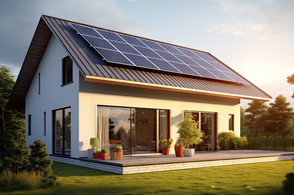 Neues Vorstadthaus mit einer Photovoltaikanlage auf dem Dach. Modernes umweltfreundliches Passivhaus mit begrüntem Hof. Sonnenkollektoren auf dem Giebeldach
